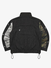 Dual Camo Paneled Raw-Denim Graphic Shell Jacket