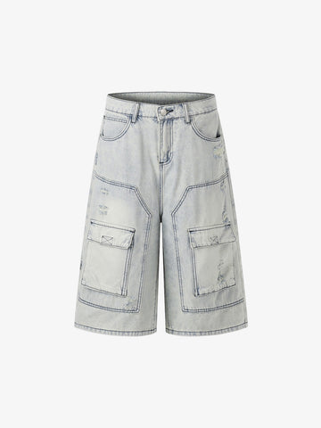 Distressed Denim Cargo Shorts
