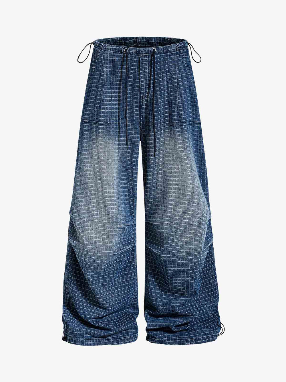 Pantaloni in cotone e lino con coulisse e stampa a griglia