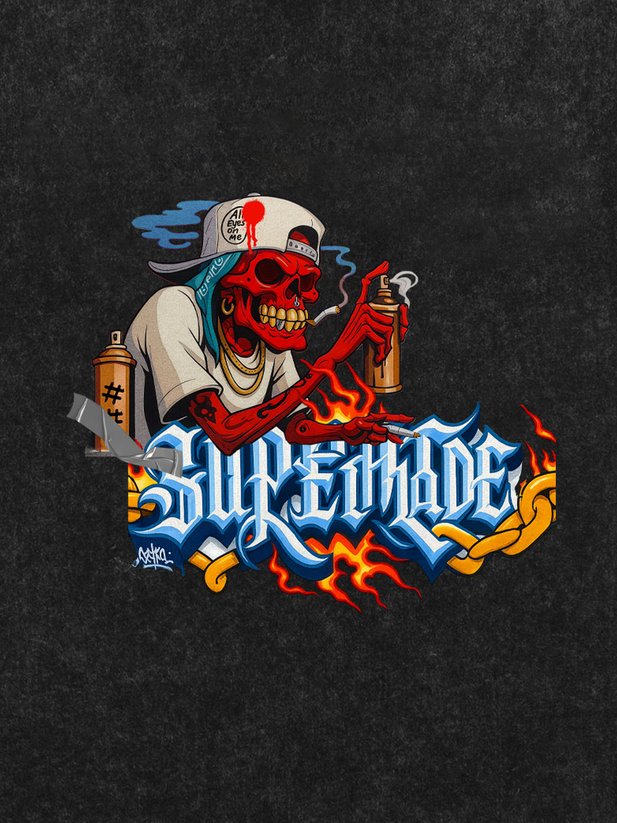 Thesupermade Skull Graffiti Artist Flame Flower Font T-shirt 