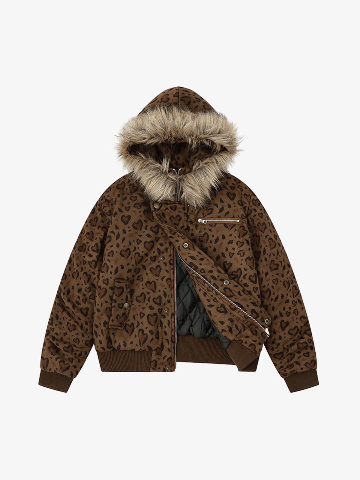 Detachable Fur Collar Heart Leopard Print Bomber Jacket 