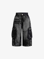 Grunge Wash Cargo Denim Shorts 