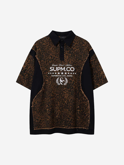 Vintage Leopard Patchwork Distressed Polo Shirt