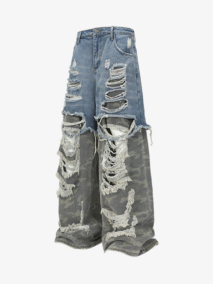Thesupermade Camouflage Patchwork Ripped Cargo Jeans 