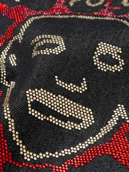 Denim Graffiti Wide Leg Pants with Embroidered Art Design and Bold Statement Text 