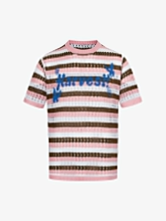 Contrast Striped Crochet Openwork Knit Short-sleeved T-shirt 