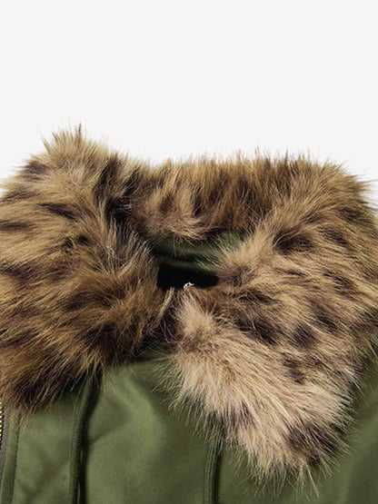 Winter Bomber Jacket with Leopard Fur Collar - Stylish and Warm for Men and Women 