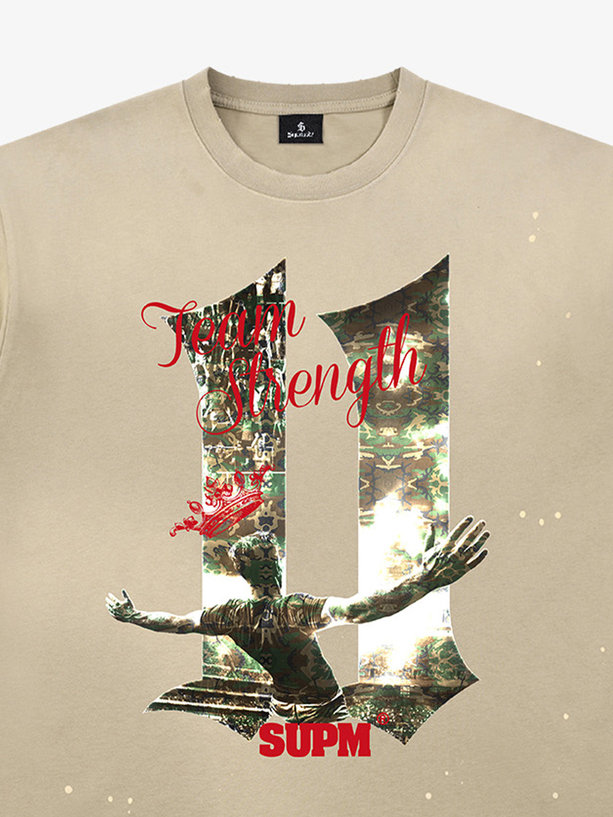 Unisex distressed loose-fitting cotton short-sleeved T-shirts featuring a print of the "11" team strength from the FIFA World Cup and a splatter-wash finish. 