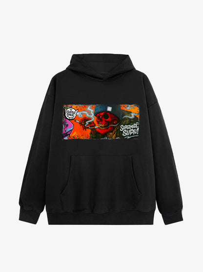 Thesupermade Distressed Blood-red Skull Graffiti Hooded Sweatshirt 