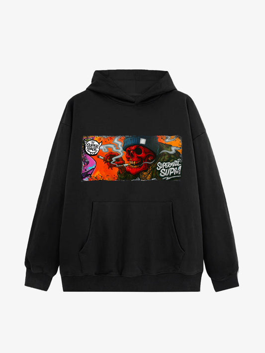 Thesupermade Distressed Blood-red Skull Graffiti Hooded Sweatshirt 