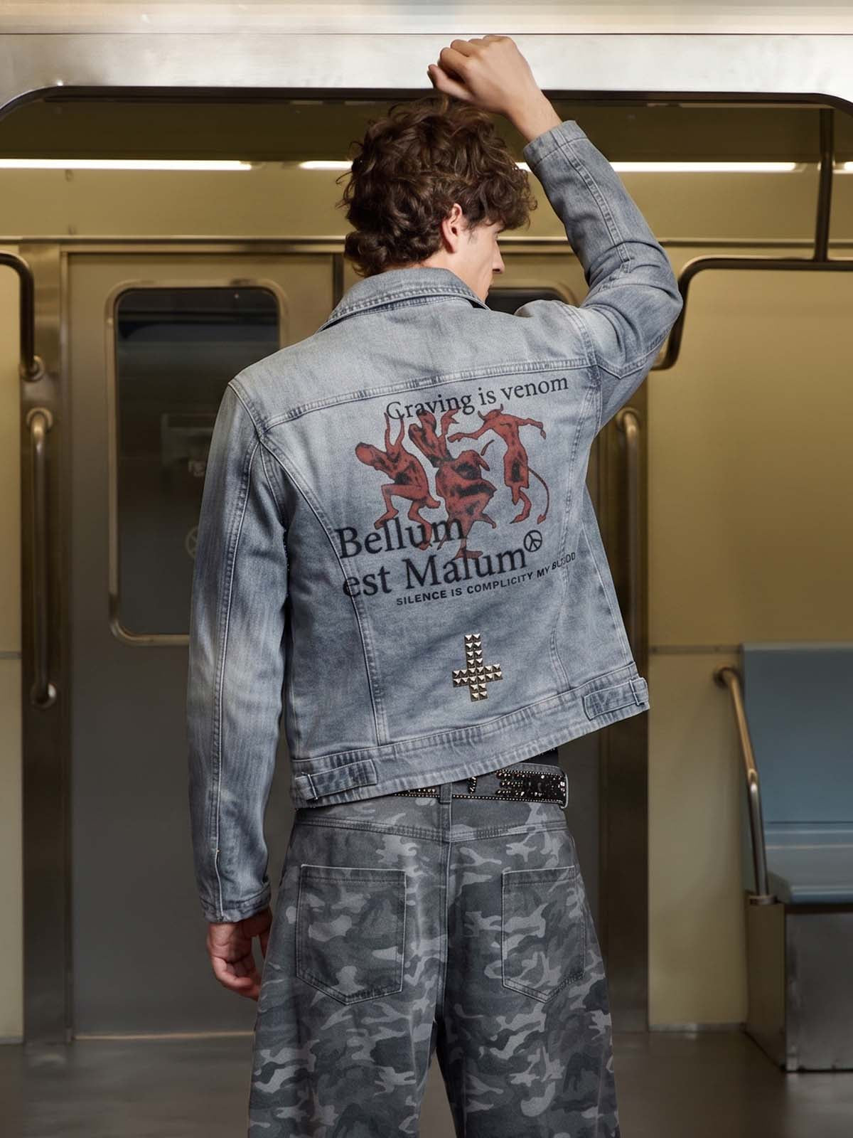 Devil Graphic Studded Heavyweight Biker Denim Jacket