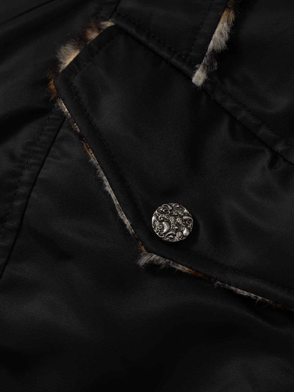 Retro Fur Collar Ruched Leopard Lining Bomber Jacket 