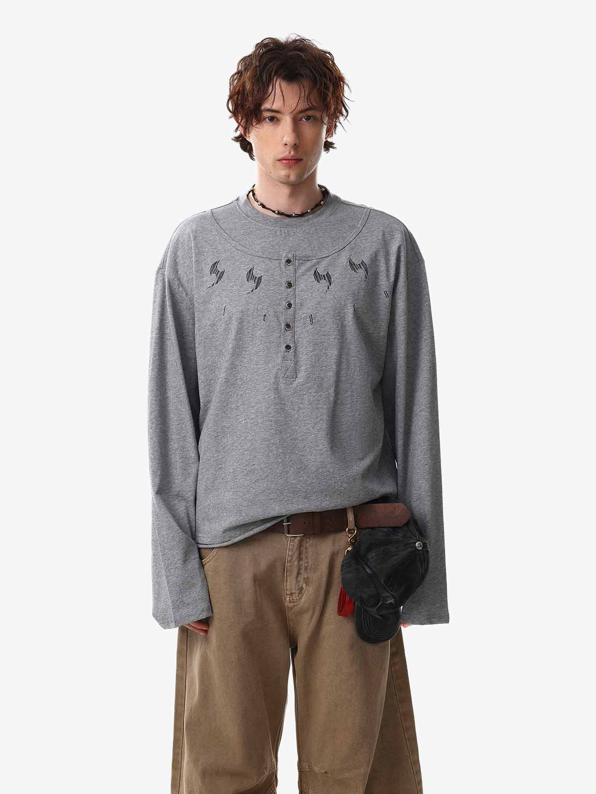 Layered Neck Button Detail Long Sleeve T-Shirt