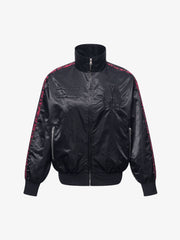 Butterfly Embroidered Leopard-Trim Satin Zip Jacket