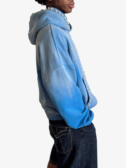 Gradient Washed Distressed Rhinestone And Pearl Hoodie