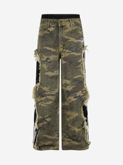 Scorpion Embroidered Camo Patchwork Double-Waist Straight-Leg Pants