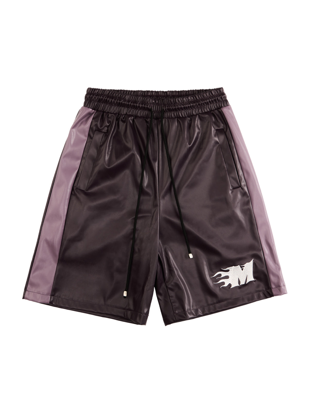 Stitching Flame Letter Embroidered Leather Shorts