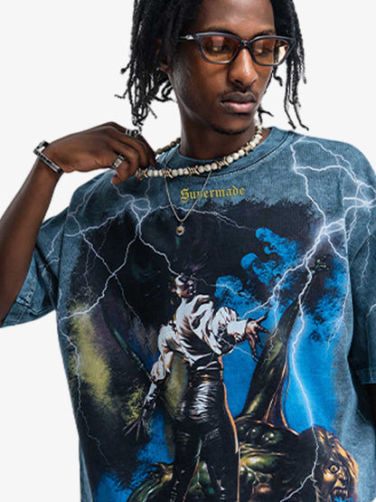 300G Jade Pattern Dyed Cotton T-Shirt with Lightning Graphic Print Oversized Streetwear Tee 