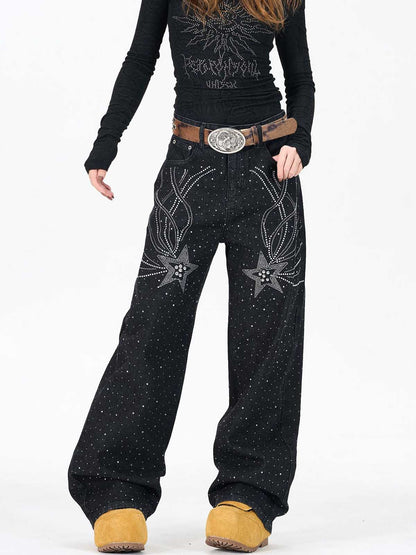 Star Rhinestone Embellished Baggy Jeans 