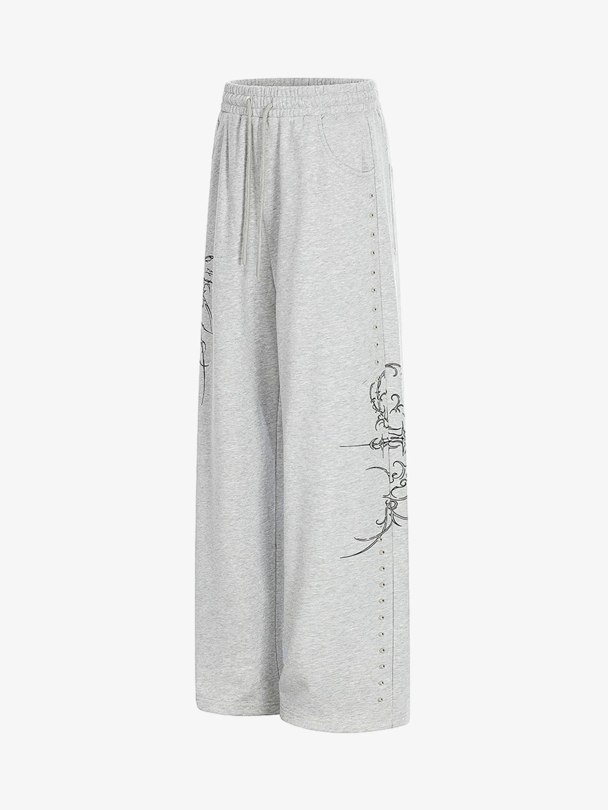 Floral Line Art Studded Wide Leg Drawstring Sweatpants