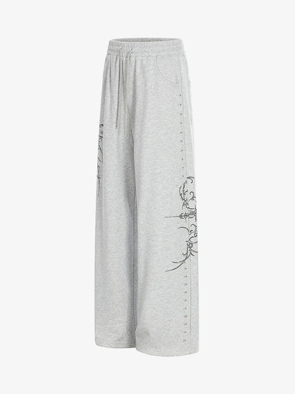 Floral Line Art Studded Wide Leg Drawstring Sweatpants