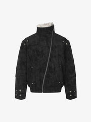 Oversized Faux-Fur Collar Distressed Bomber Coat