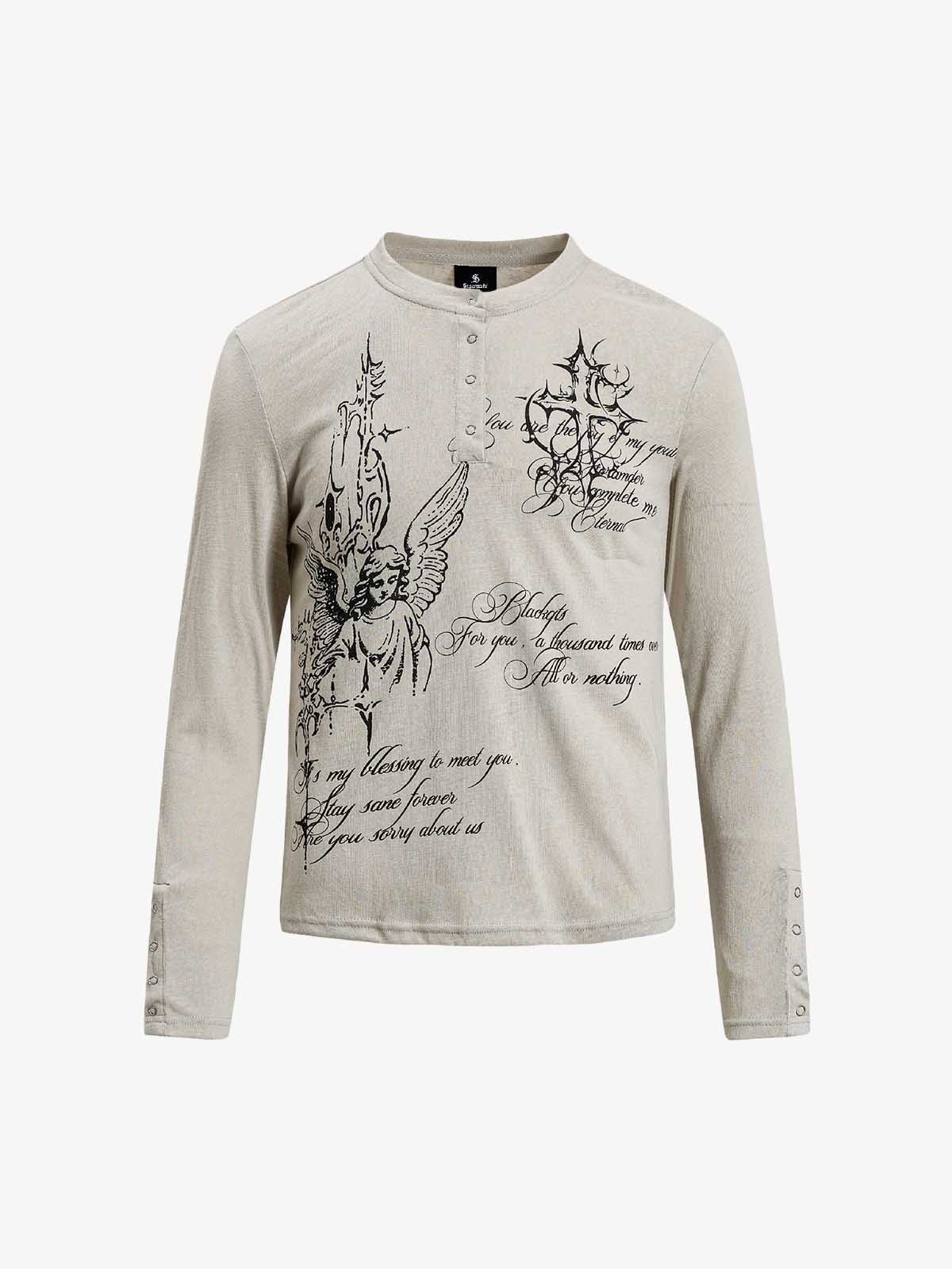 Gothic Angel Graphic Long Sleeve Henley T-Shirt 
