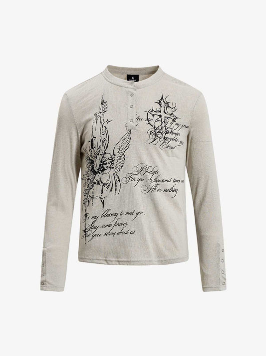 Gothic Angel Graphic Long Sleeve Henley T-Shirt