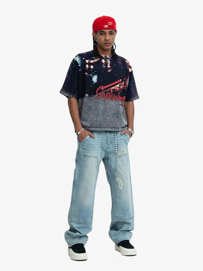 300G Cotton Nightfall Jade Pattern Dyeing Oversized T-Shirt for Men Streetwear Fashion 