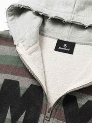 Striped Layered Distressed Cropped Zip Hoodie