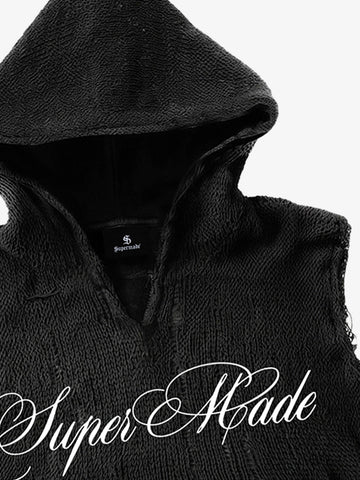 Distressed Embroidered Hooded Knit Vest