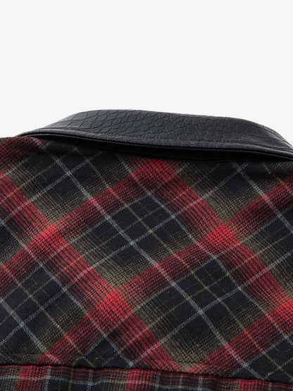 Plaid Flannel Shirt with Leather-Trimmed Collar - Perfect for Casual and Outdoor Styles 