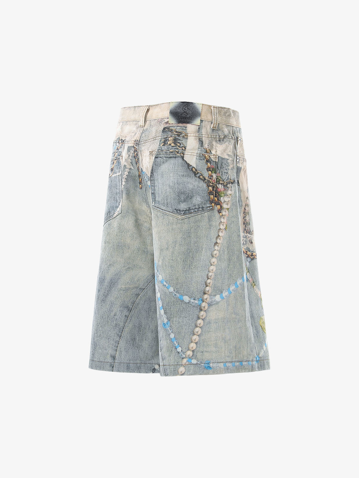 Jewelry Pearl Graphic Print 3D Effect Denim Shorts