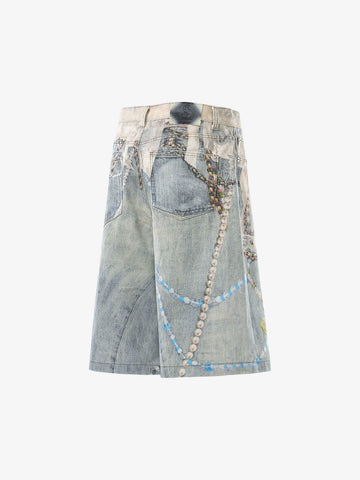 Jewelry Pearl Graphic Print 3D Effect Denim Shorts