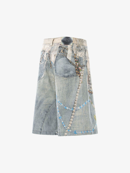 Jewelry Pearl Graphic Print 3D Effect Denim Shorts