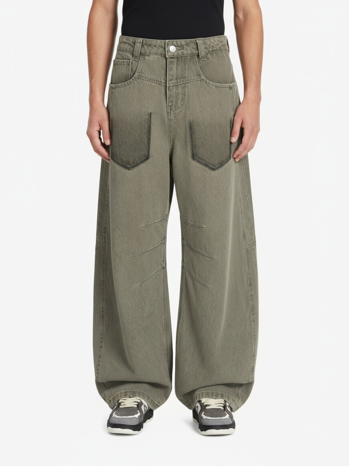 Retro 3D Pleated Patch Pocket Barrel Jeans 