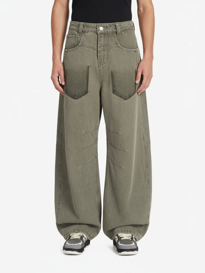 Retro 3D Pleated Patch Pocket Barrel Jeans 
