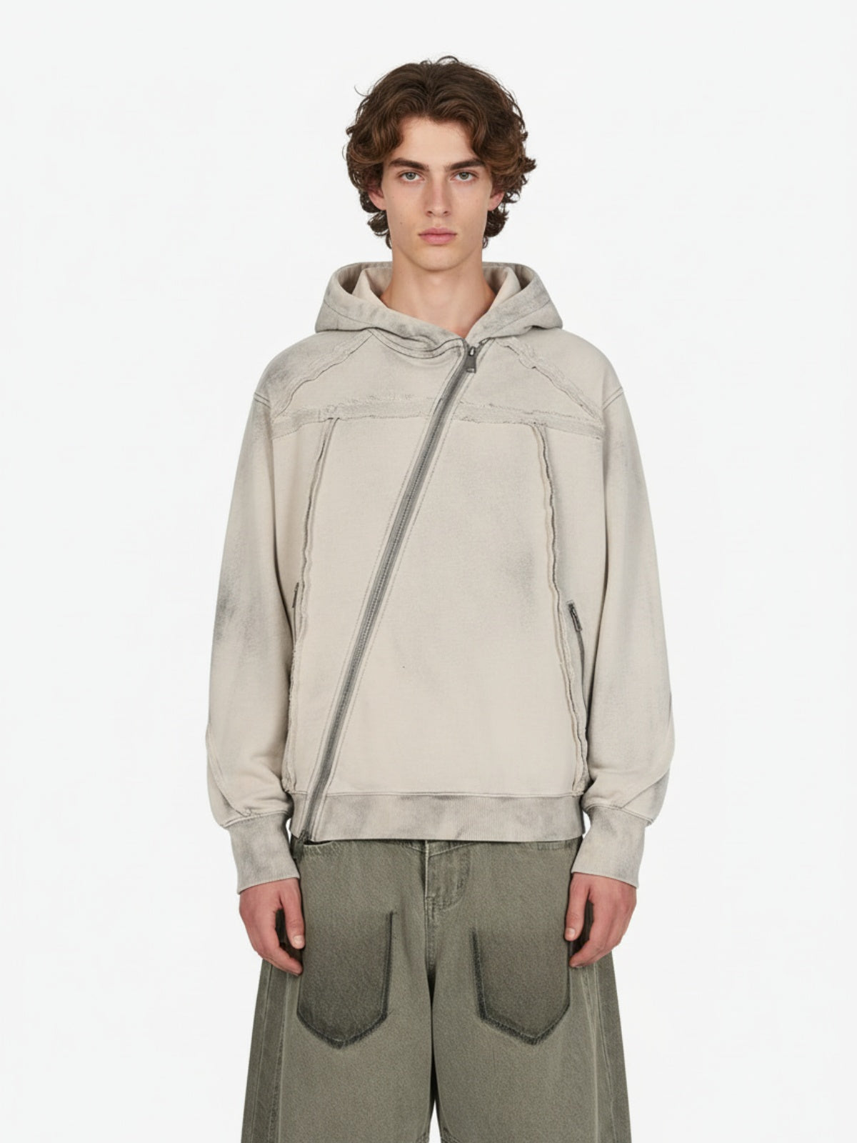 Apricot hoodie with an asymmetric zipper