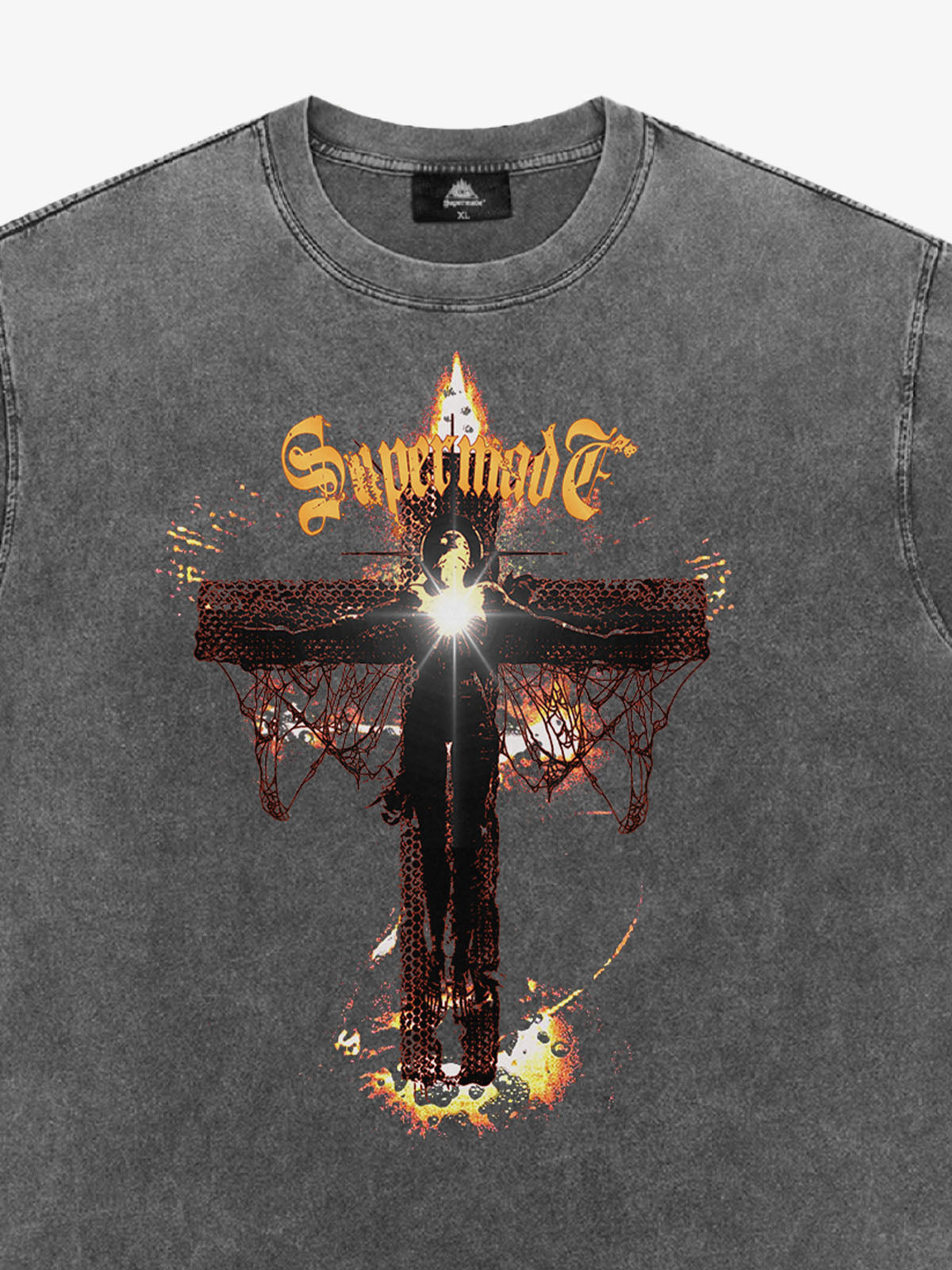 THE SUPERMADE Gothic Flame Cross Graphic T-Shirt for Bold Statement Wear 