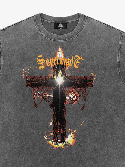 THE SUPERMADE Gothic Flame Cross Graphic T-Shirt for Bold Statement Wear 