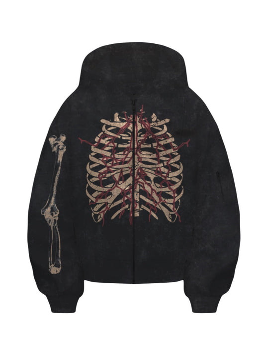 Skeleton Print Bones Zip Design Hoodie 