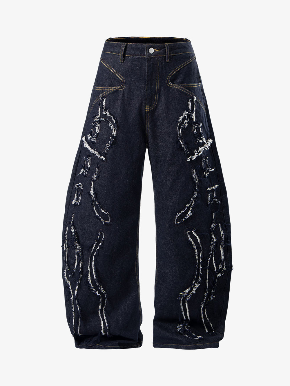 Totem Applique Raw Hem Barrel Baggy Jeans