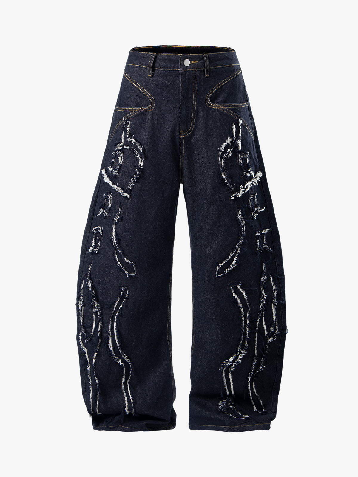Totem Applique Raw Hem Barrel Baggy Jeans