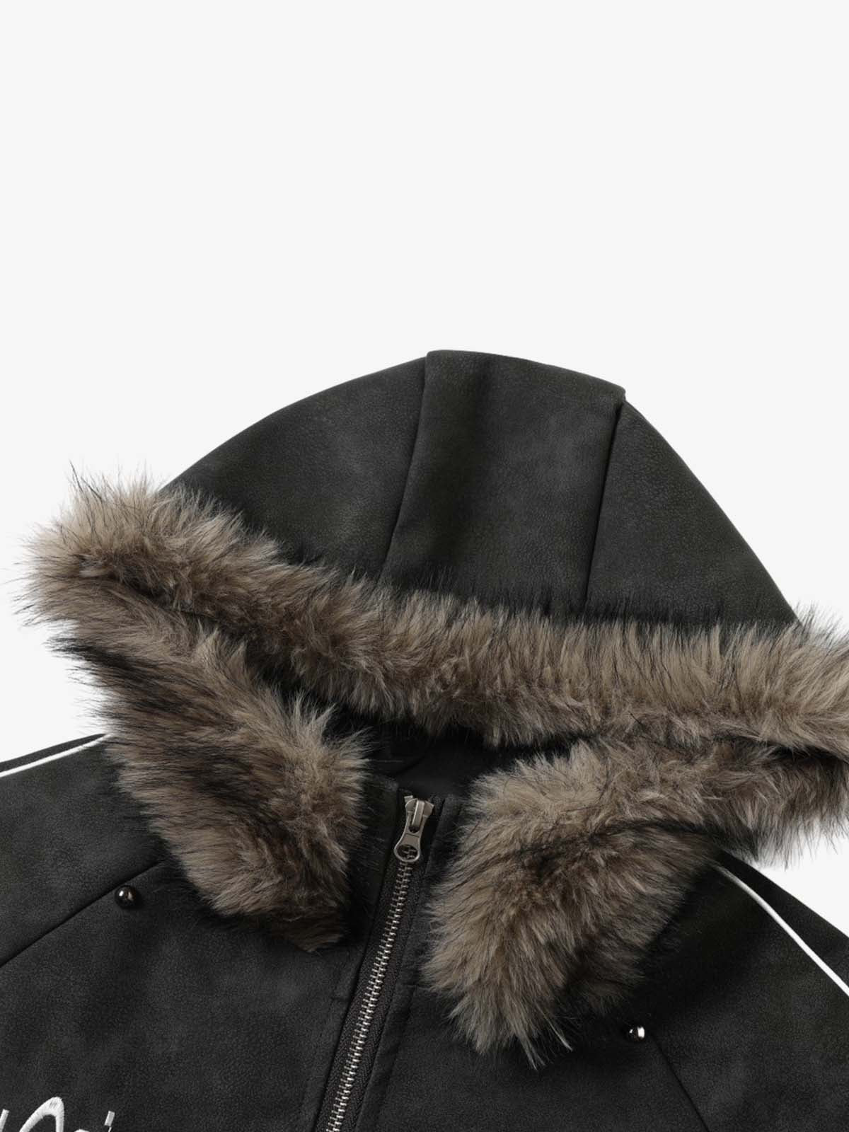 Letter Graphic Fur-Collar Zip-Up Jacket