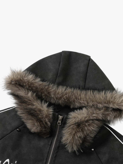 Letter Graphic Fur-Collar Zip-Up Jacket