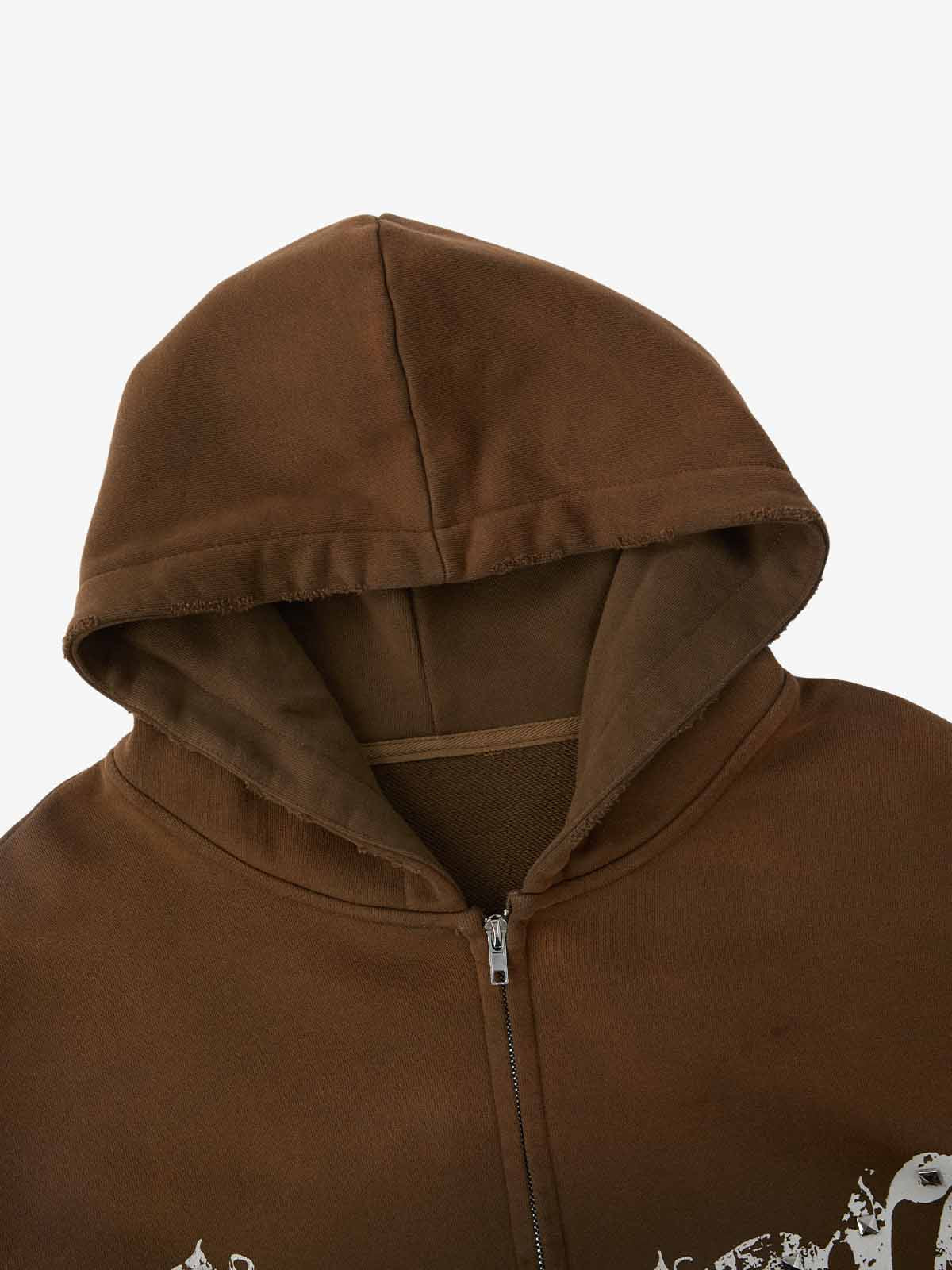 Supermade Vintage Distressed Studded Gothic Font Zipper Sweatshirt 