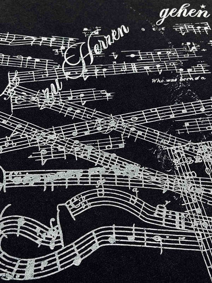 Music Score Graphic Distressed Long Sleeve Tee