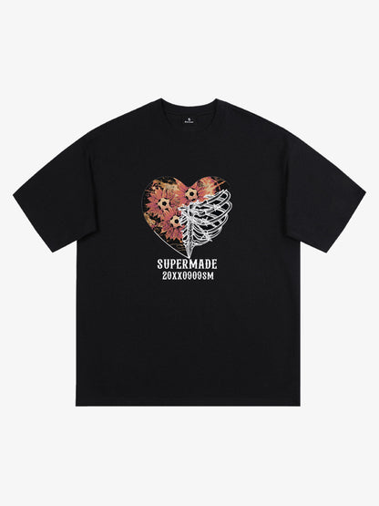 Cotton Black Heart Print Graphic T-Shirt with Floral and Skeleton Design 
