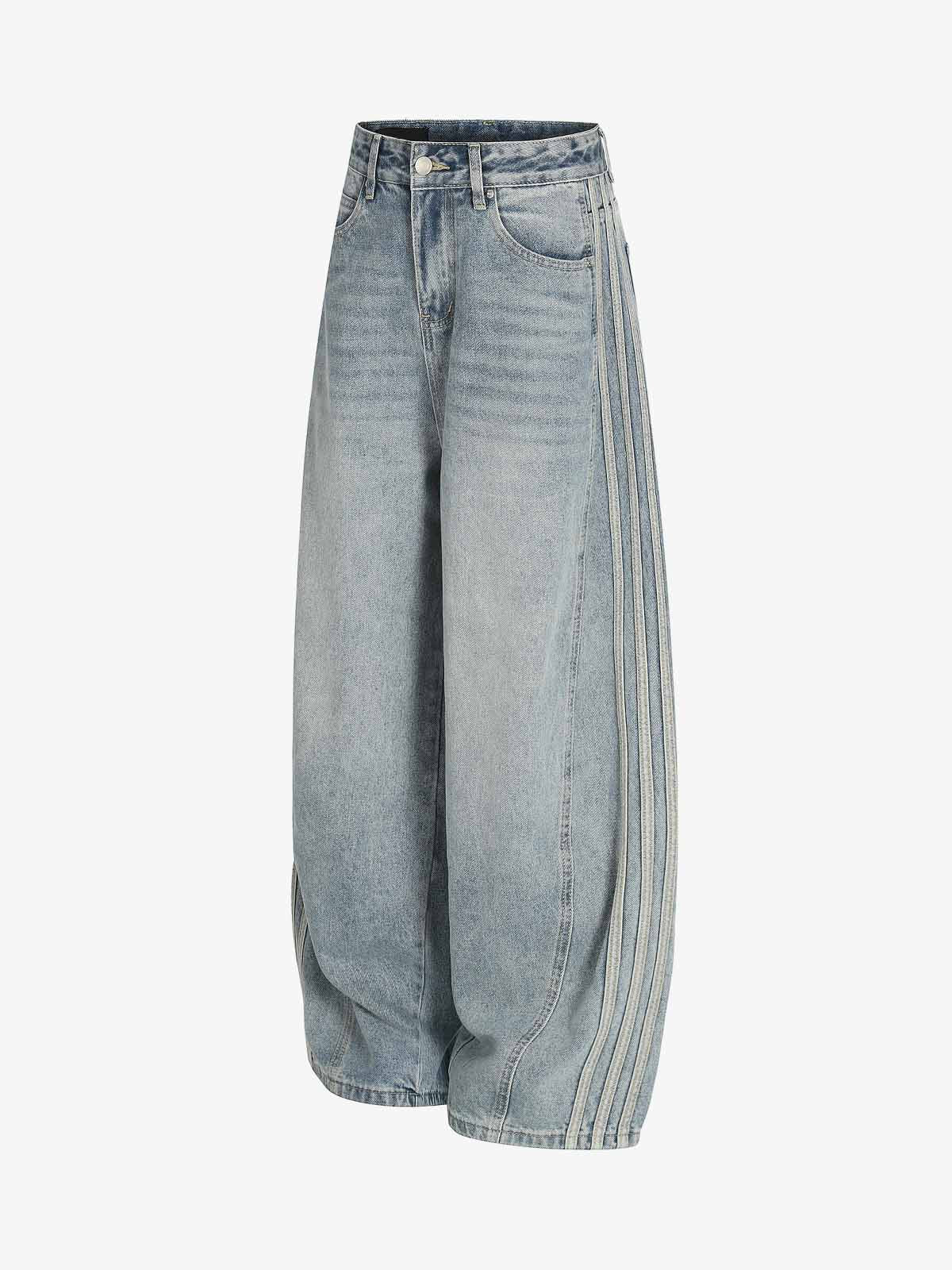 Vintage Washed Side Panel Wide Leg Denim Jeans