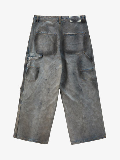 Supermade Retro Distressed Print Heavyweight Canvas Baggy Pants 